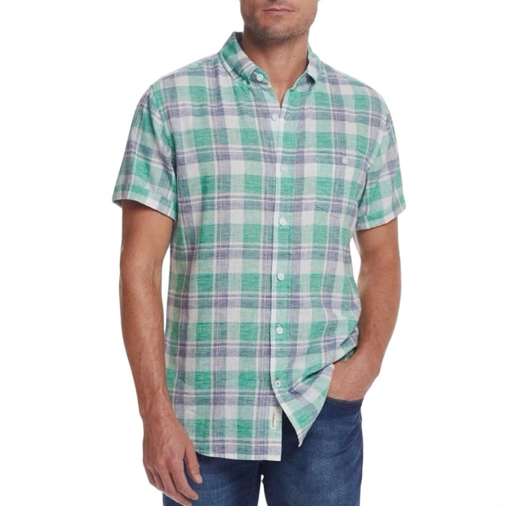 Weatherproof Men Casual Short Sleeve Woven Button Down Shirt Size M Linen Blend